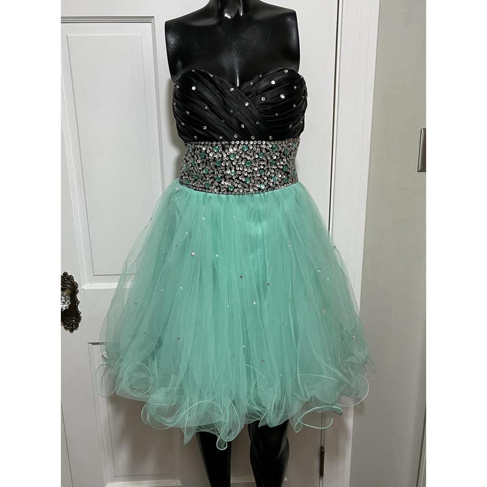 Short Strapless Formal Prom Homecoming Black Teal Sequin Dress